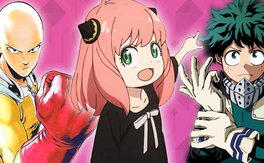 A composed image showing Saitama from One Punch Man, Anya from Spy x Family, and Deku from My Hero Academia